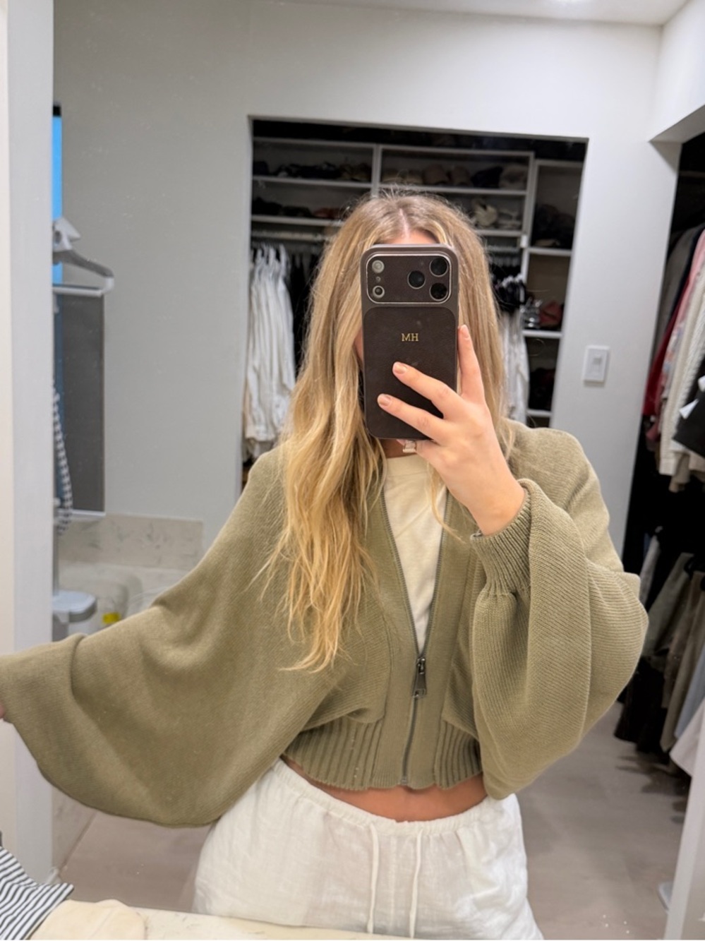 Zara Olive Batwing Zip-Front Cardigan
